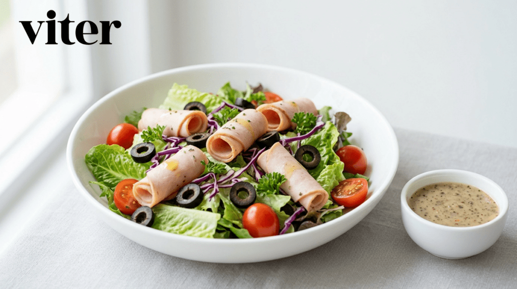 다이어트 배달음식 햄 롤과 신선한 채소 토마토가 담긴 샐러드 볼