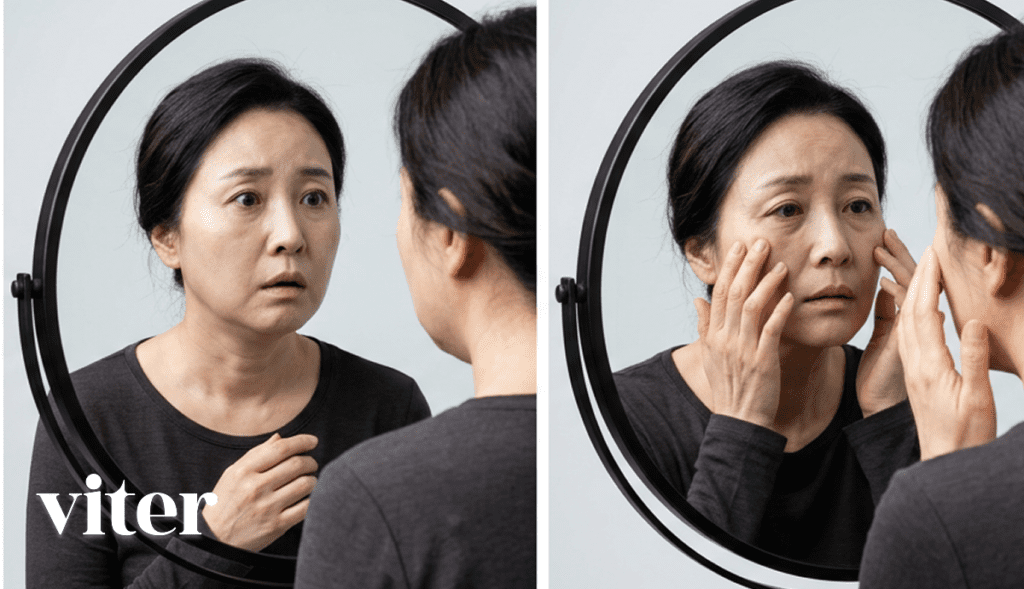 내장지방으로 인한 노화를 거울로 확인하며 걱정하는 여성