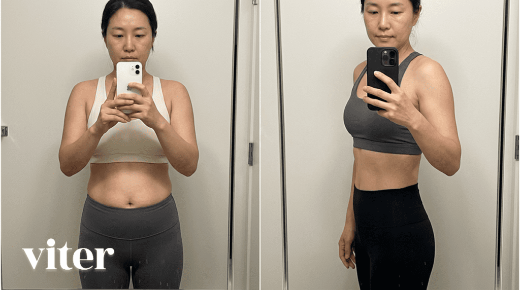 40대 뱃살 다이어트 전후 비교를 보여주는 정면과 측면 눈바디 사진