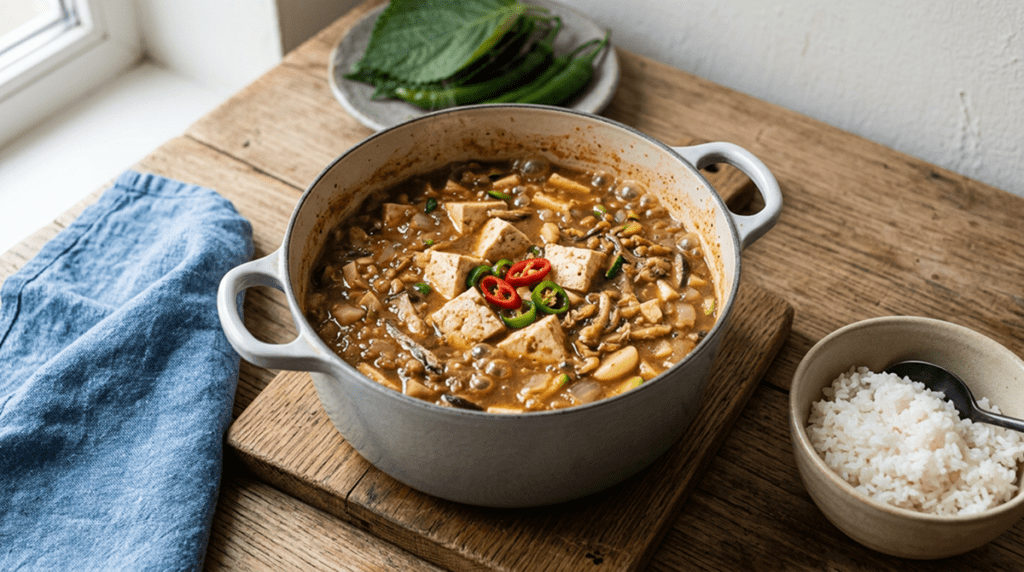 당뇨에 좋은 반찬 두부와 채소를 넣고 자작하게 끓인 강된장과 쌈 채소