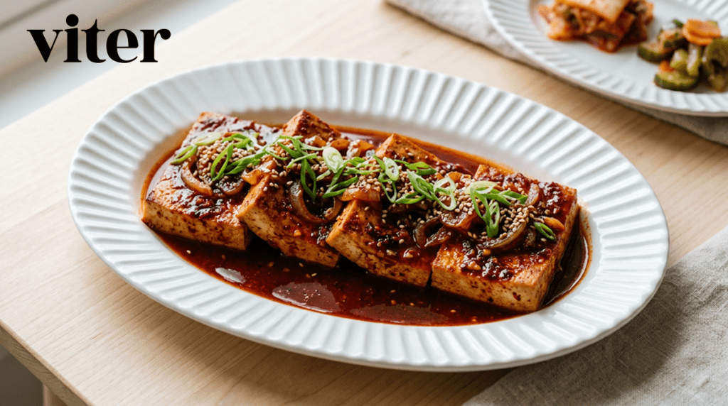 당뇨에 좋은 반찬 두부조림에 양념장과 송송 썬 쪽파를 올린 모습