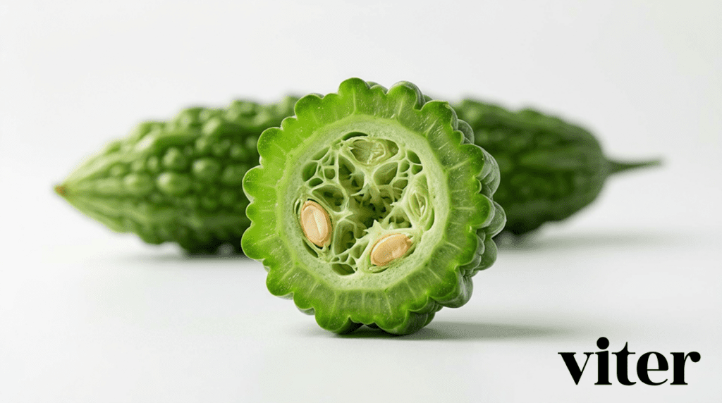 혈당조절 영양제 원료로 쓰이는 단면이 잘린 신선한 초록색 여주 추출물