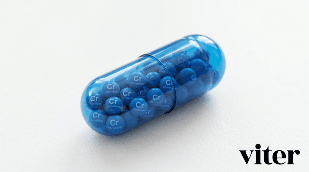 혈당조절 영양제 핵심 성분인 크롬이 가득 담긴 파란색 투명 캡슐