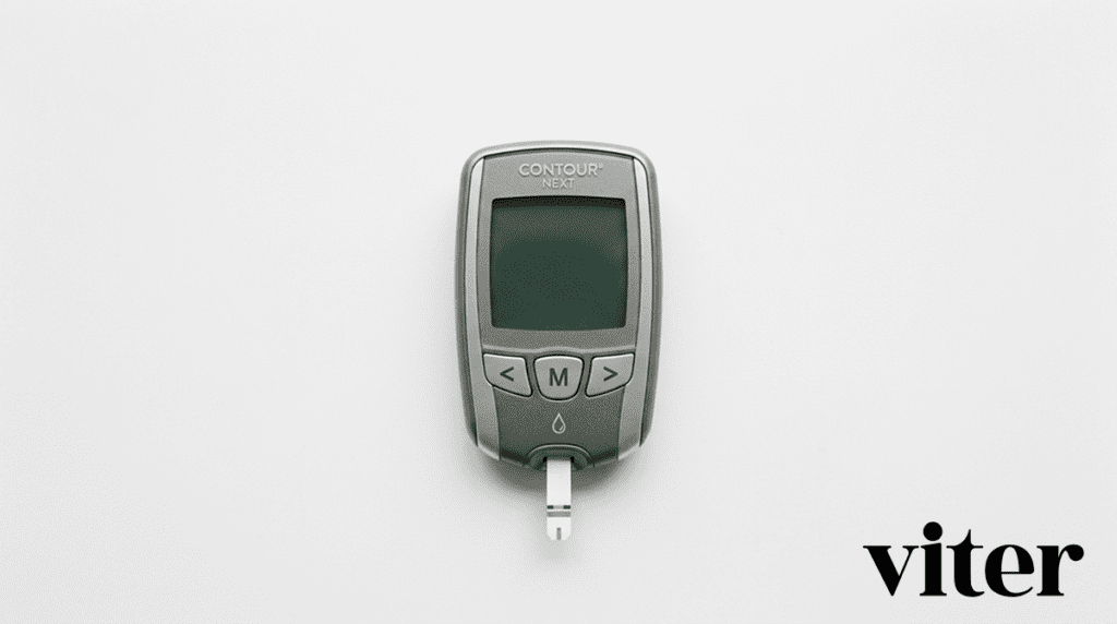 혈당 측정을 위해 검사지를 삽입한 실버 혈당 측정기