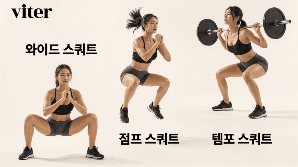 와이드 스쿼트, 점프 스쿼트, 템포 스쿼트 자세