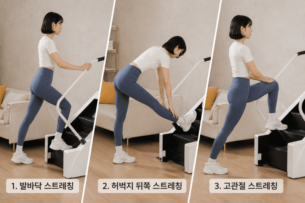 천국의 계단 운동 전 발바닥, 허벅지, 고관절 스트레칭 동작