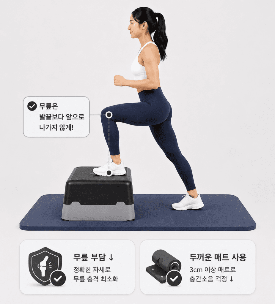 스텝박스 운동 시 무릎이 발끝을 넘지 않도록 주의하는 올바른 자세를 보여주는 안내 그래픽
