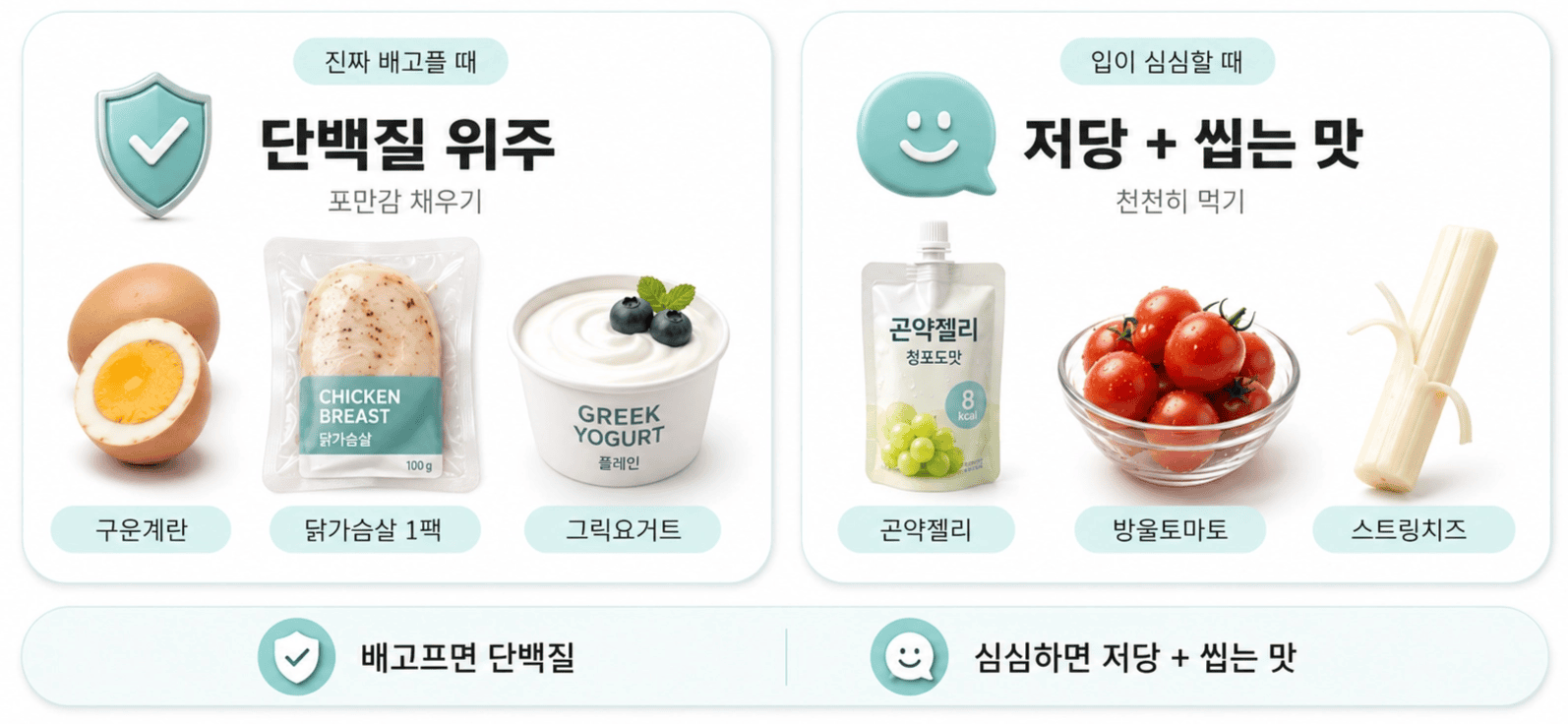 배고플 때 단백질 위주 입 심심할 때 저당 씹는 맛 간식