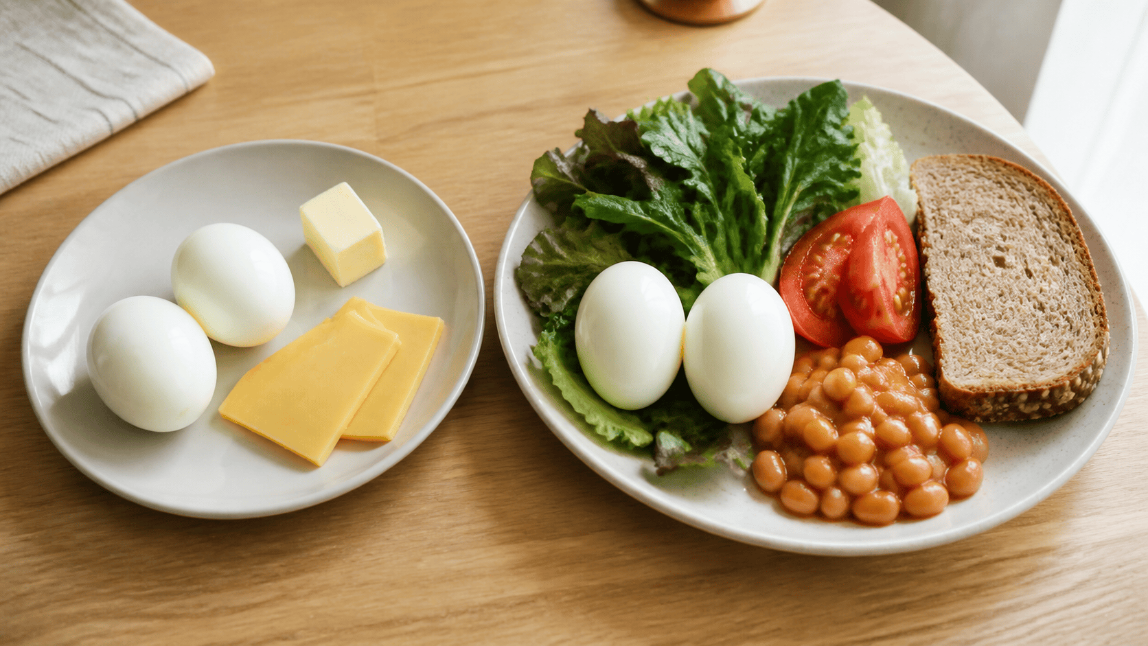 흰 접시 두 개에 삶은 달걀, 버터, 치즈, 채소, 토마토, 베이크드 빈, 통곡물 빵이 놓여 있다.