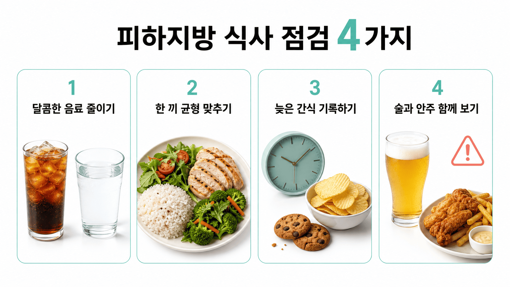 달콤한 음료, 균형 잡힌 식사, 늦은 간식, 술과 안주를 통한 피하지방 식단 점검 4가지.