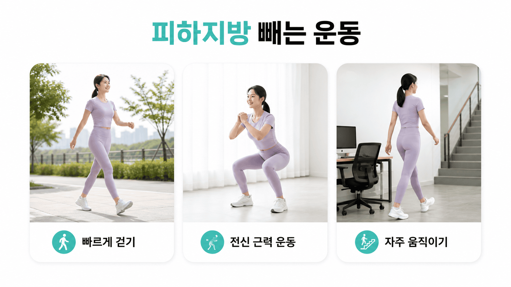 여성이 빠르게 걷기, 전신 근력 운동, 자주 움직이기로 운동한다.