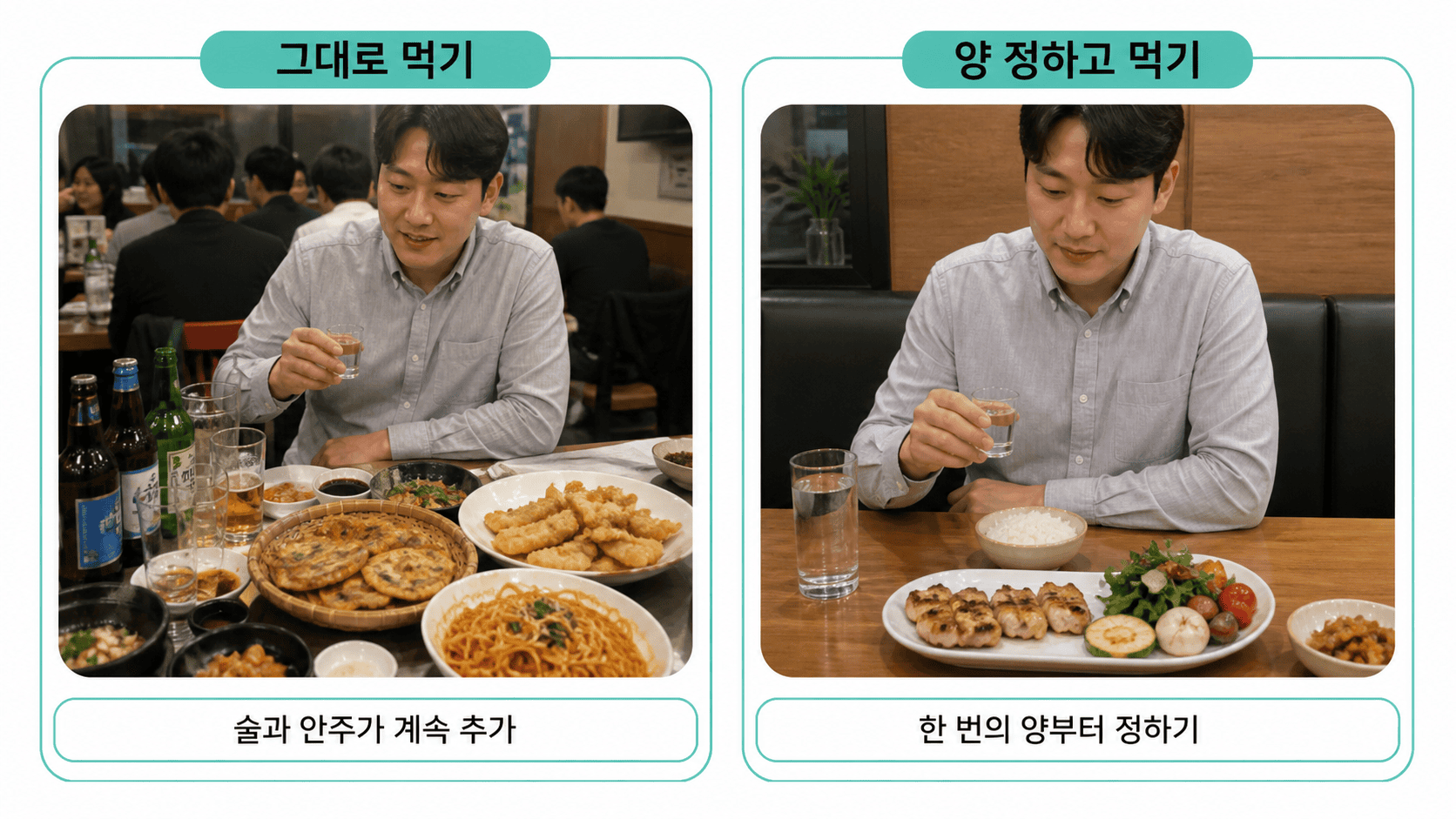 한 남자가 술과 푸짐한 안주가 차려진 테이블 또는 정량 식사 테이블에 앉아있다.