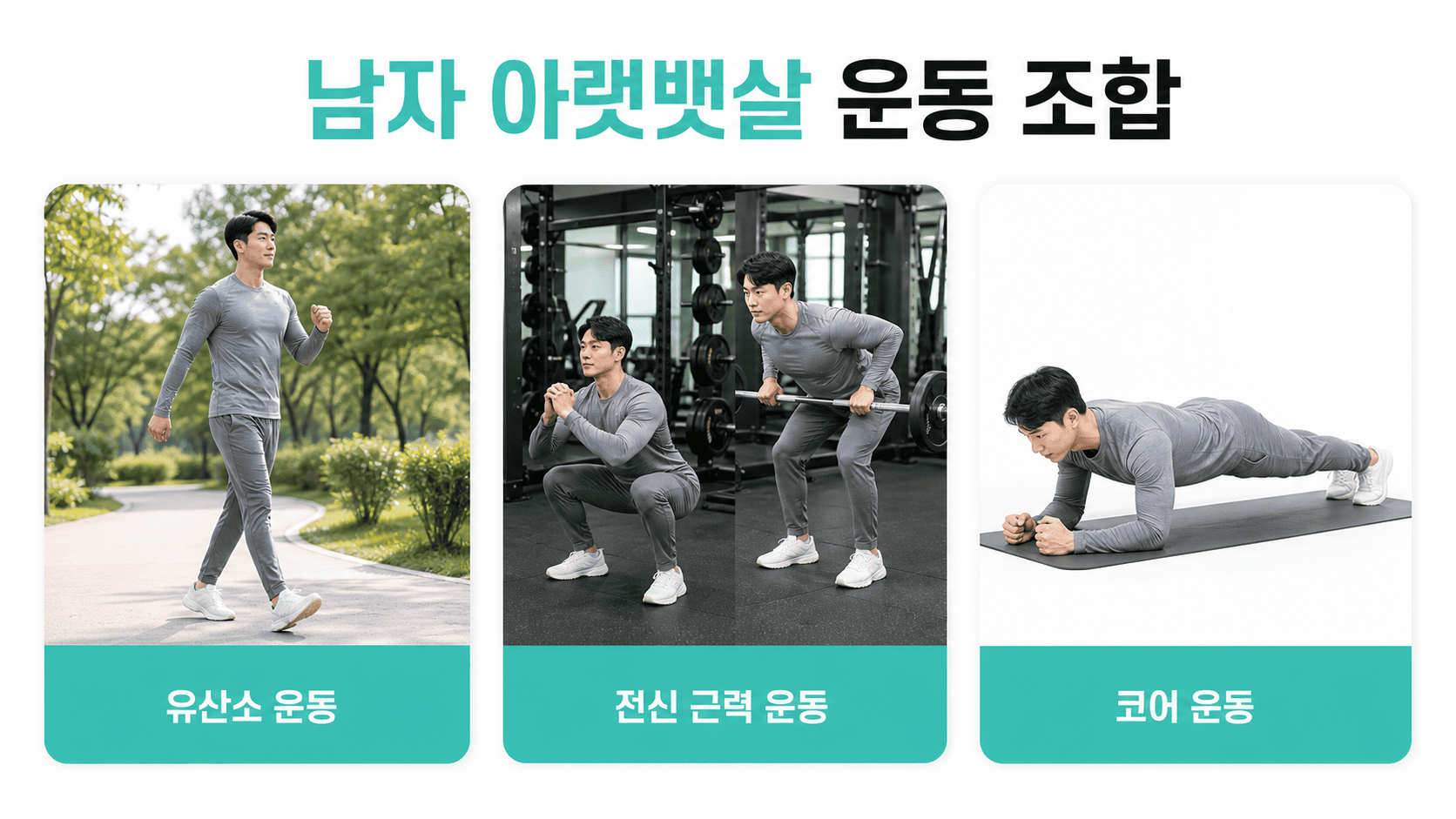 남자가 아랫뱃살 제거를 위해 걷기, 스쿼트 데드리프트, 플랭크 운동을 복합적으로 한다.