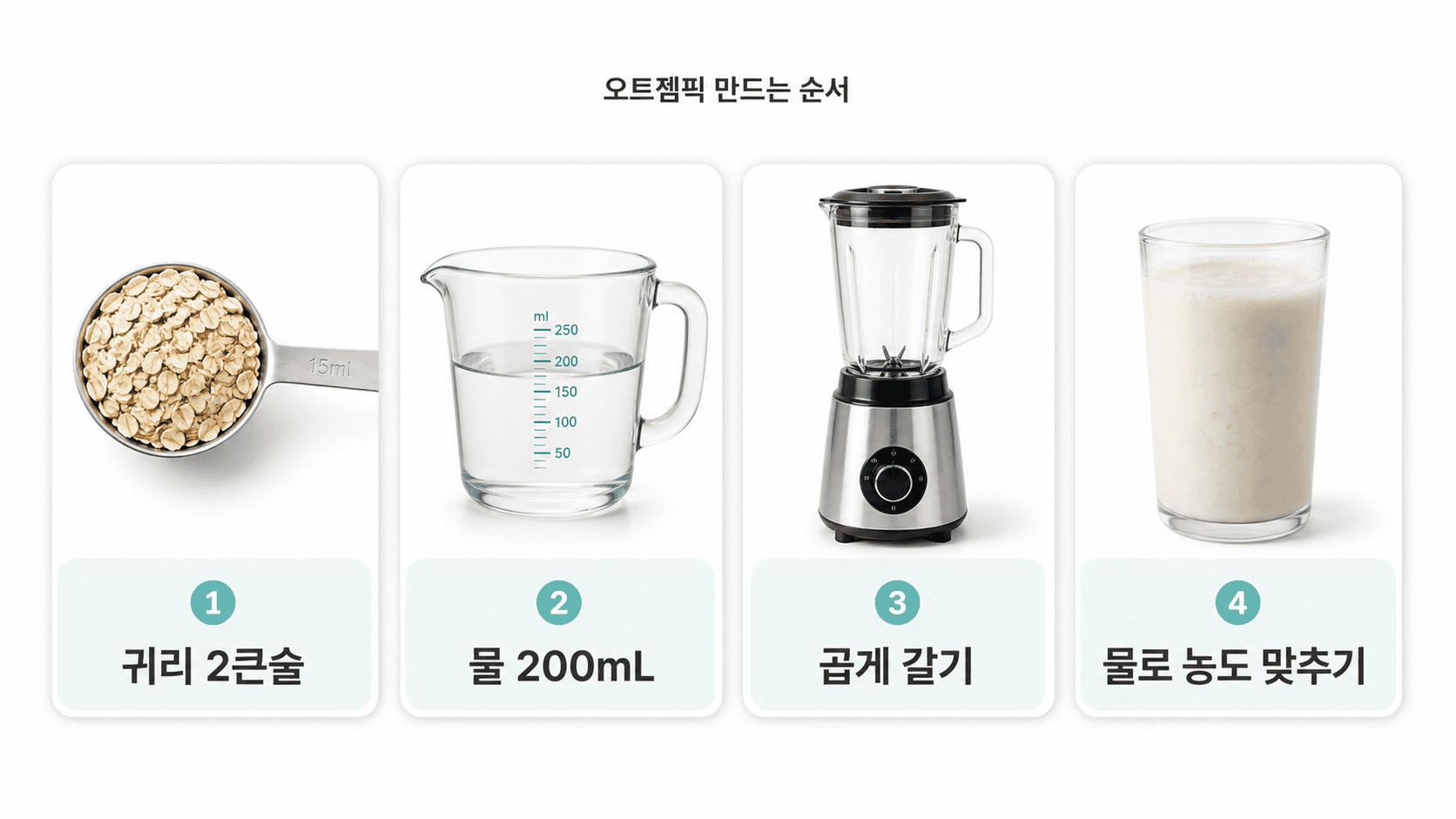 귀리 2큰술, 물 200mL를 믹서에 갈아 만드는 오트젬픽 4단계 과정.