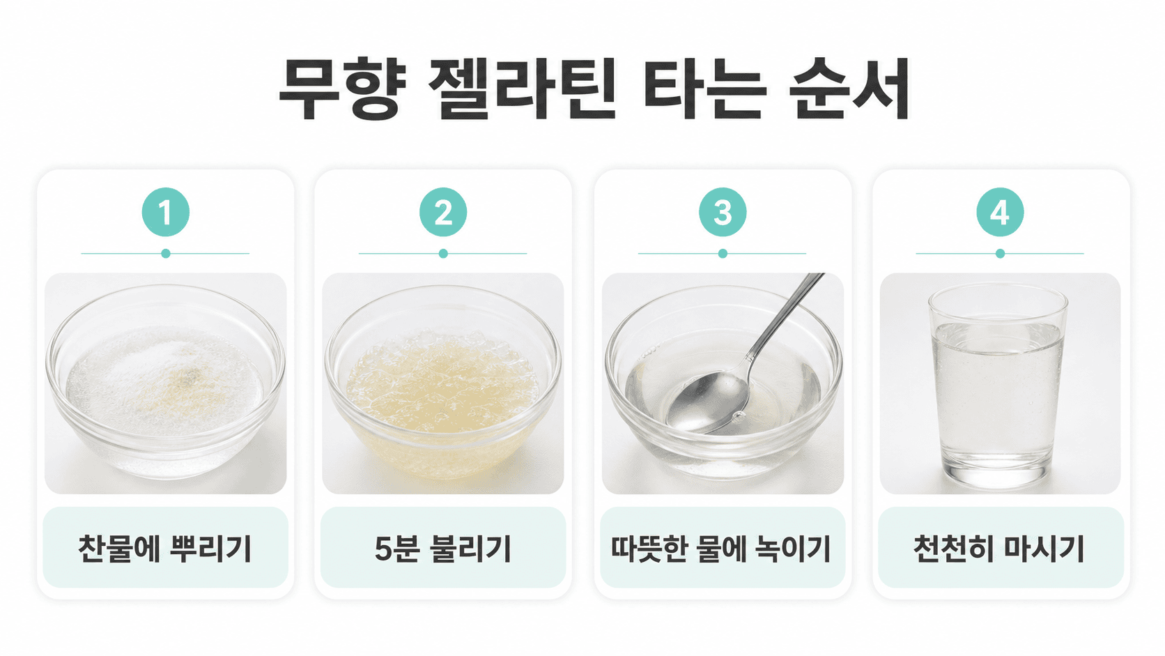 젤라틴 가루를 찬물에 불린 후 따뜻한 물에 녹여 음료로 만드는 4단계 과정.