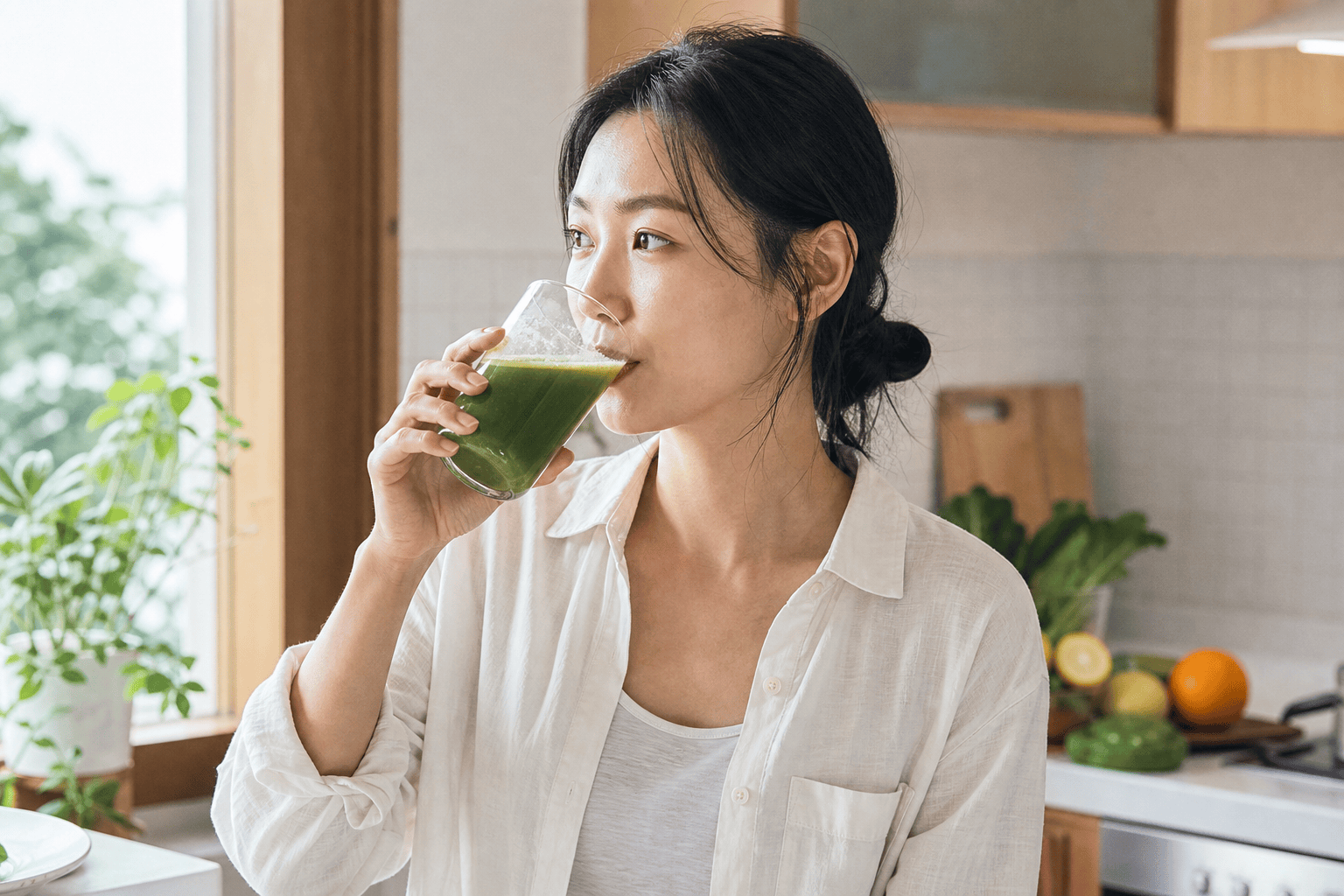 주방 창가에서 여성이 초록색 클렌즈주스를 마신다.