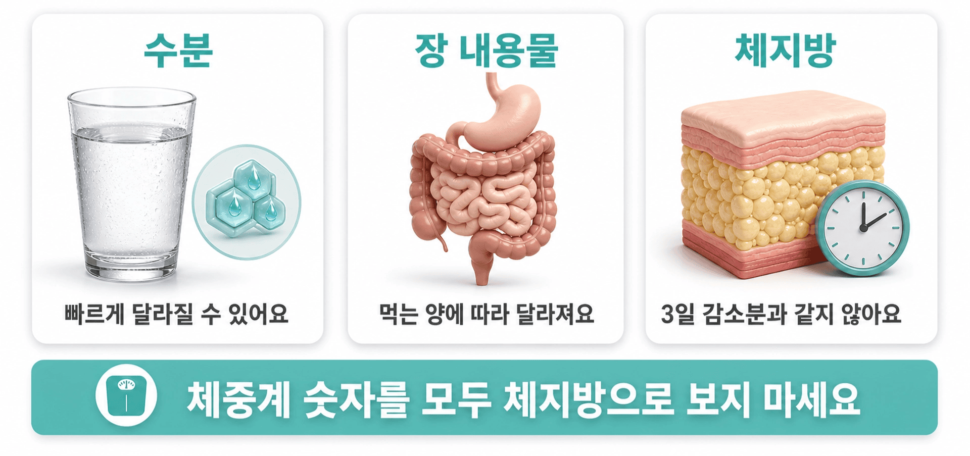 물과 장 내용물은 빠르게 체중 변화를 주지만 체지방은 3일 만에 줄기 어렵다는 안내
