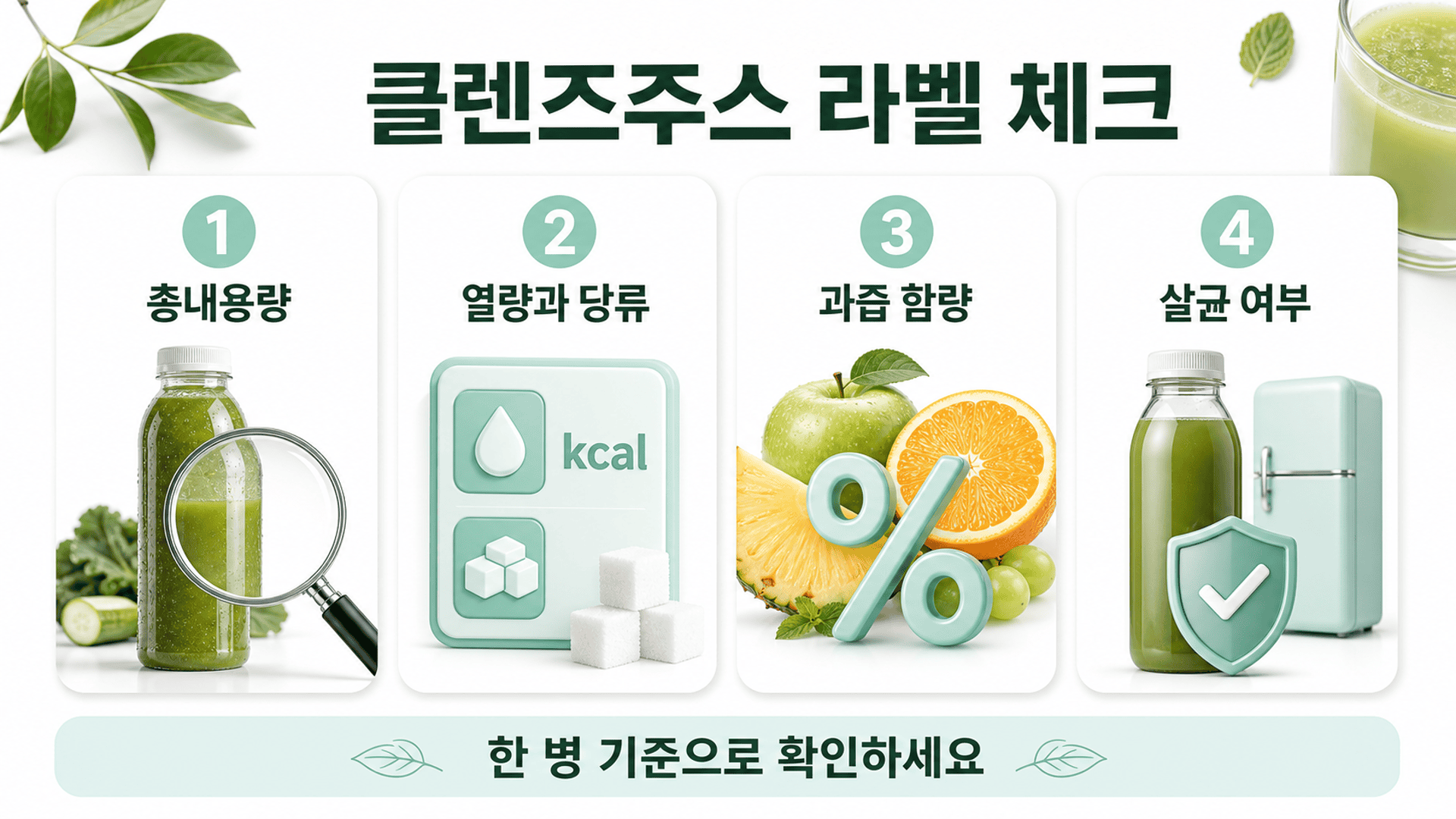 클렌즈주스 라벨의 총내용량, 열량 당류, 과즙 함량, 살균 여부 4가지 선택 기준이 제시된다.