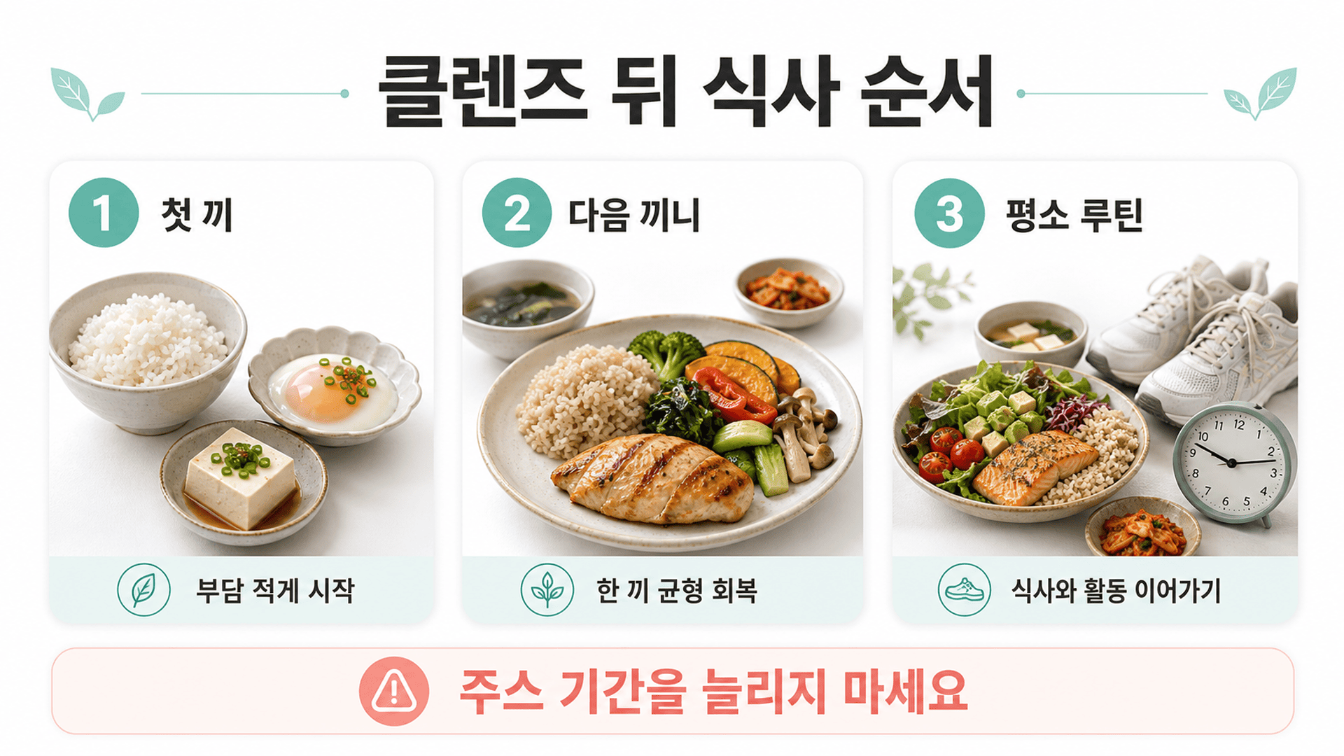클렌즈 후 흰쌀밥과 두부로 시작해 균형 잡힌 현미밥, 연어 샐러드 식단으로 이어지는 3단계.