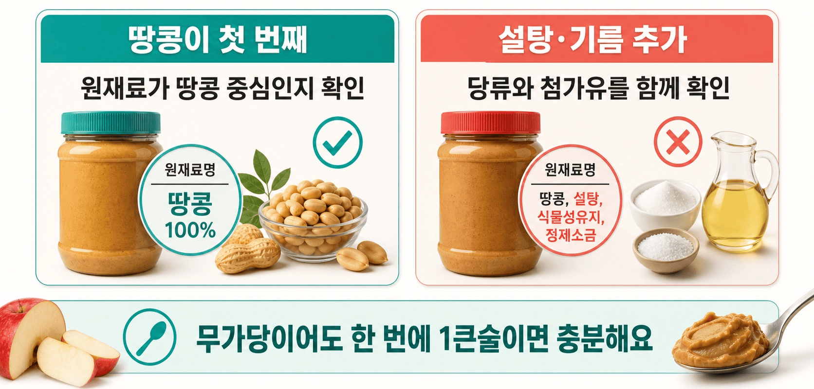 땅콩 100% 무설탕 땅콩버터와 설탕, 기름 추가된 땅콩버터, 그리고 사과와 한 큰술 땅콩버터.