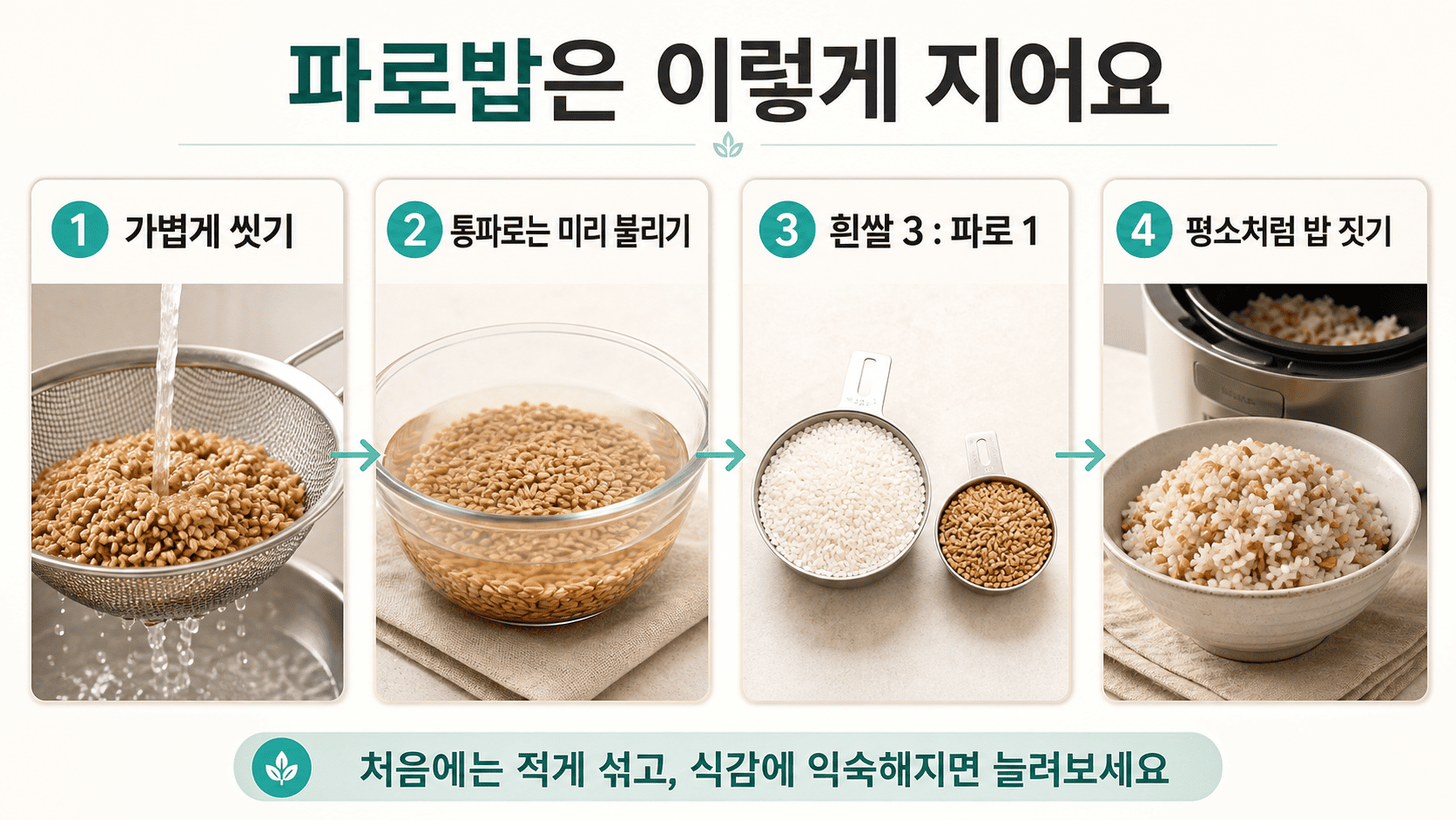 파로를 씻고 불려 흰쌀과 3:1 비율로 밥을 지어 그릇에 담겨 있다.