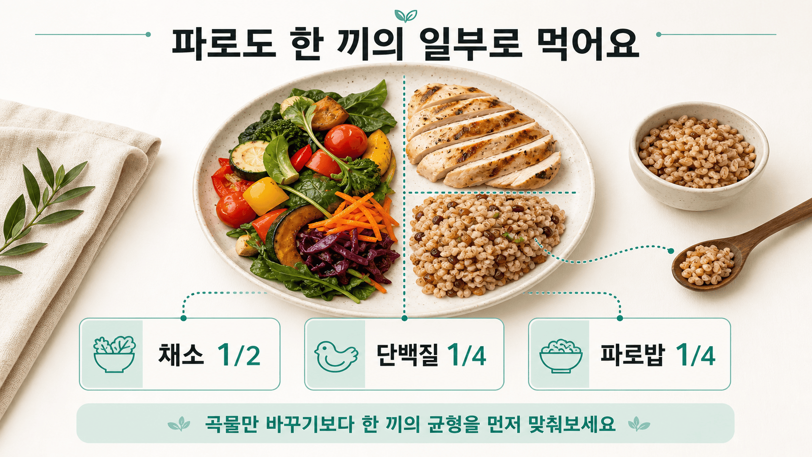 접시에 채소 1/2, 닭가슴살 1/4, 파로밥 1/4이 균형 있게 담겨 있다.