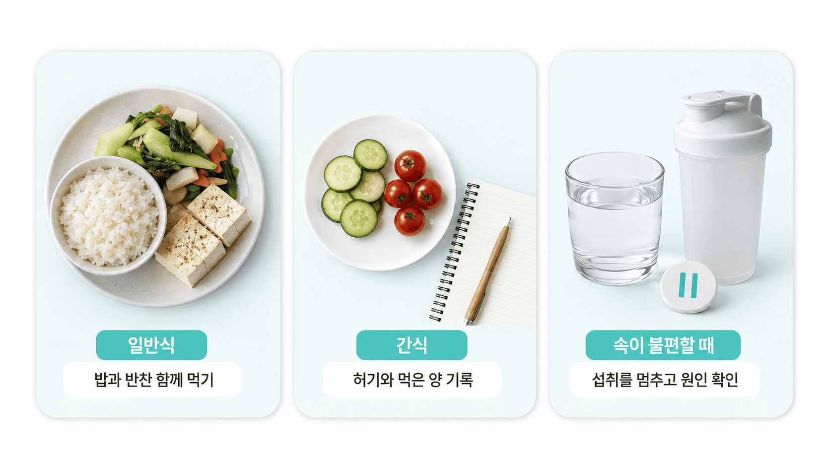 밥과 반찬을 먹고 간식을 기록하며 속이 불편하면 섭취를 멈추라는 세 카드