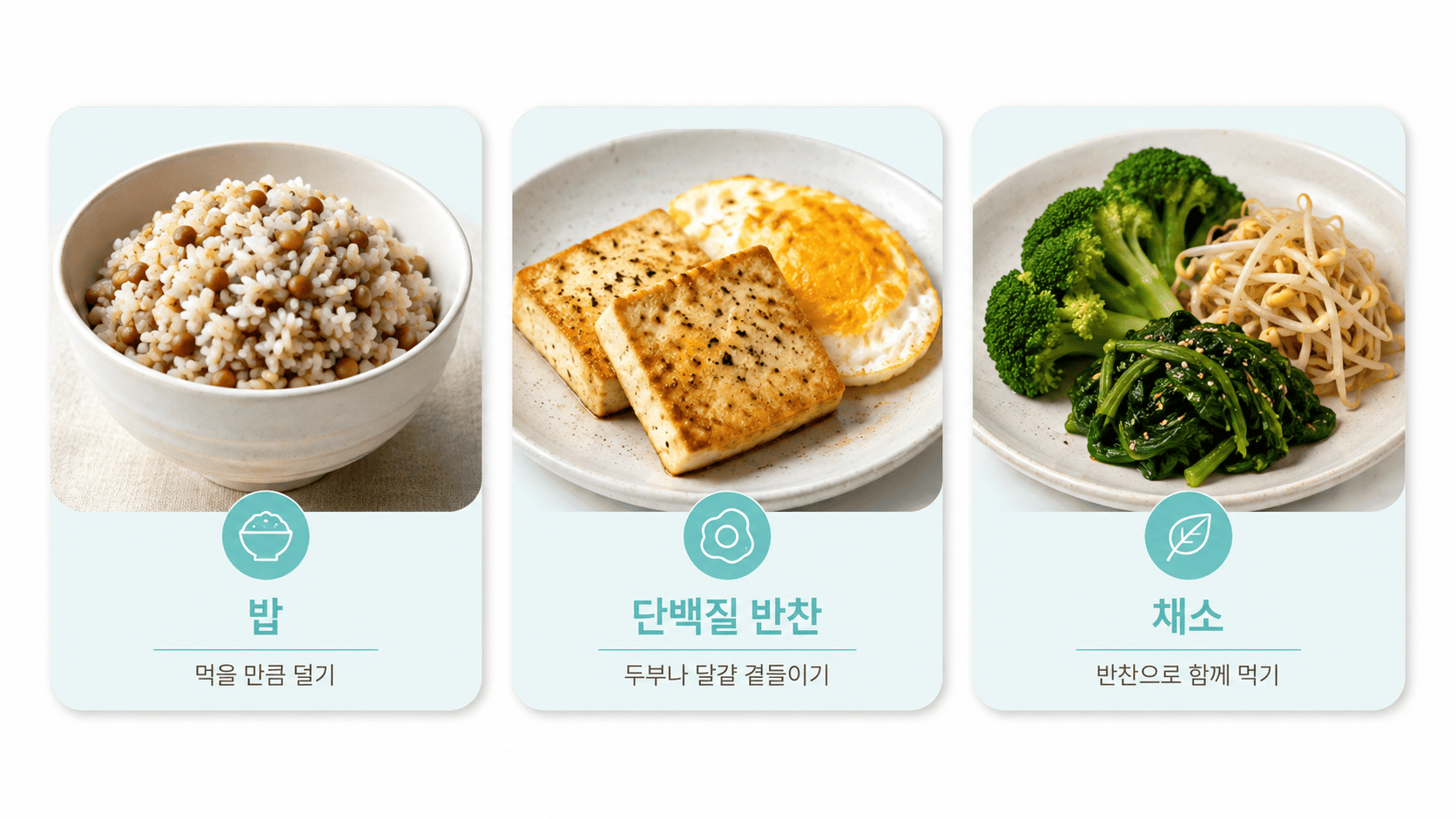 잡곡밥, 두부와 달걀, 채소 반찬으로 구성한 한 끼