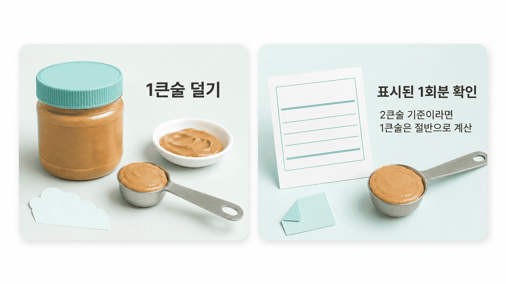 땅콩버터를 1큰술 덜어 먹고 영양표시가 2큰술 기준일 때 절반으로 계산하는 예시