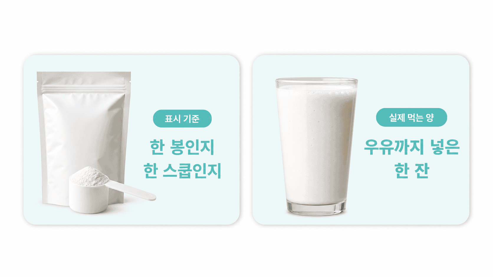 쉐이크 라벨의 한 봉 또는 한 스쿱과 우유를 넣은 실제 한 잔을 비교하는 두 카드